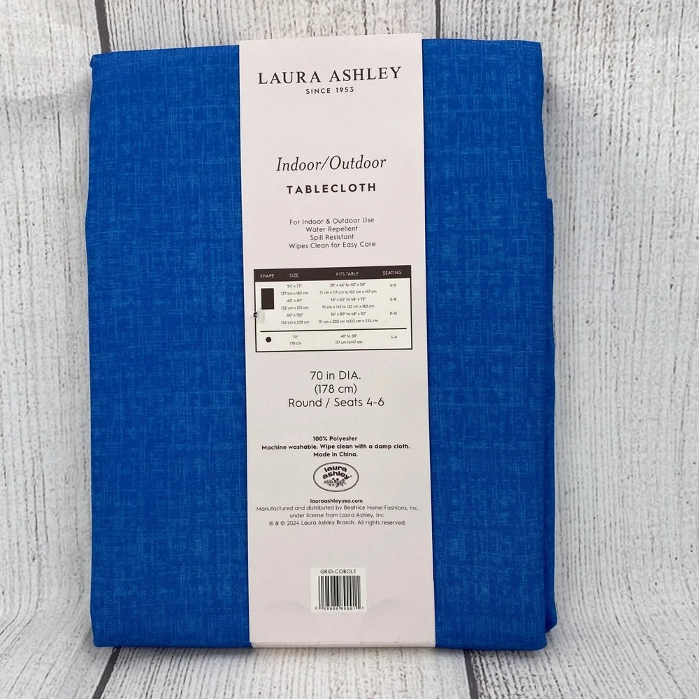 Laura Ashley Tablecloth Round 70in Cobalt Blue Indoor Outdoor Spill Resistant